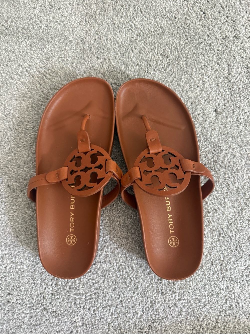 Tory Burch Cognac Leather Logo Thong Sandals